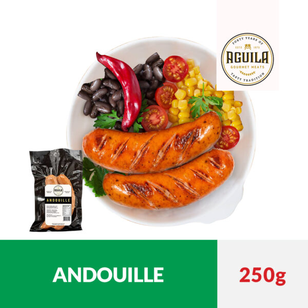 Aguila Andouille smoked sausages served on a plate with beans, corn, and spices