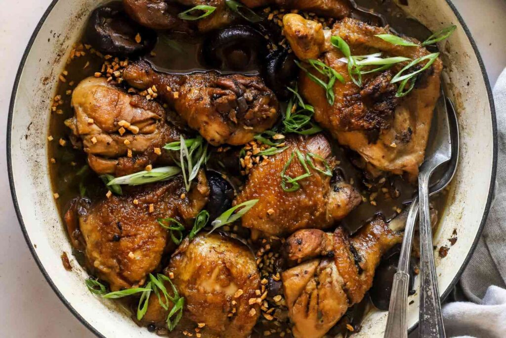 A bowl of Filipino chicken adobo