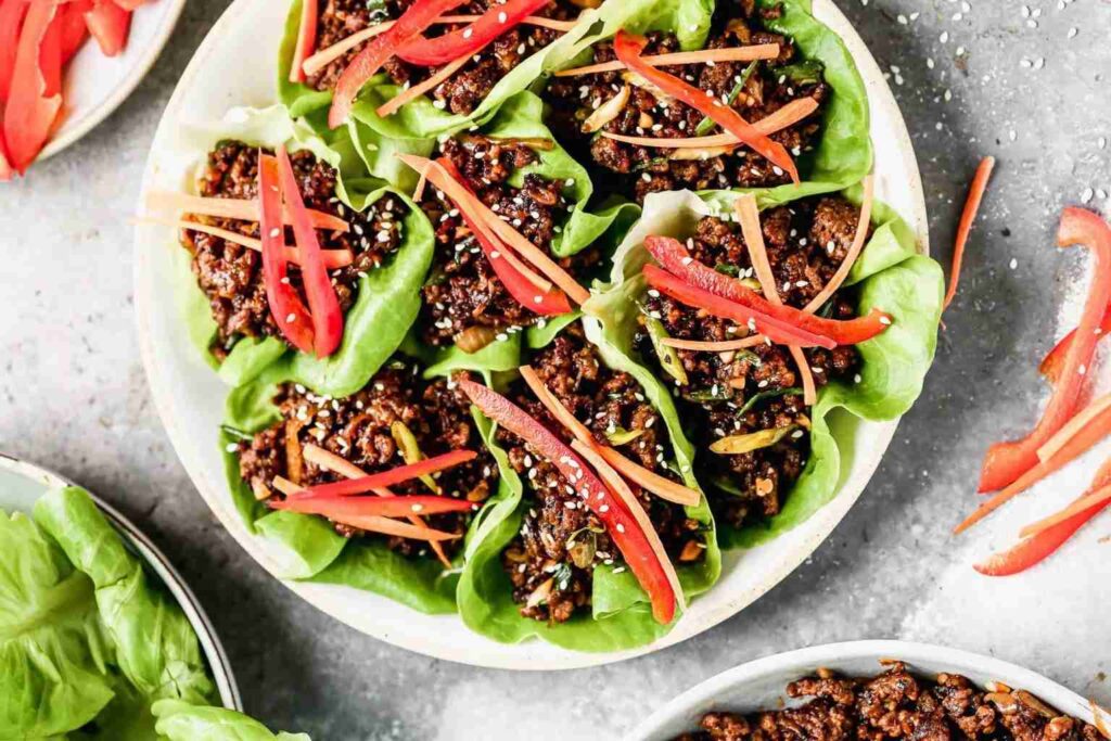 A serving of Beef Lettuce Wrap made with ground beef 